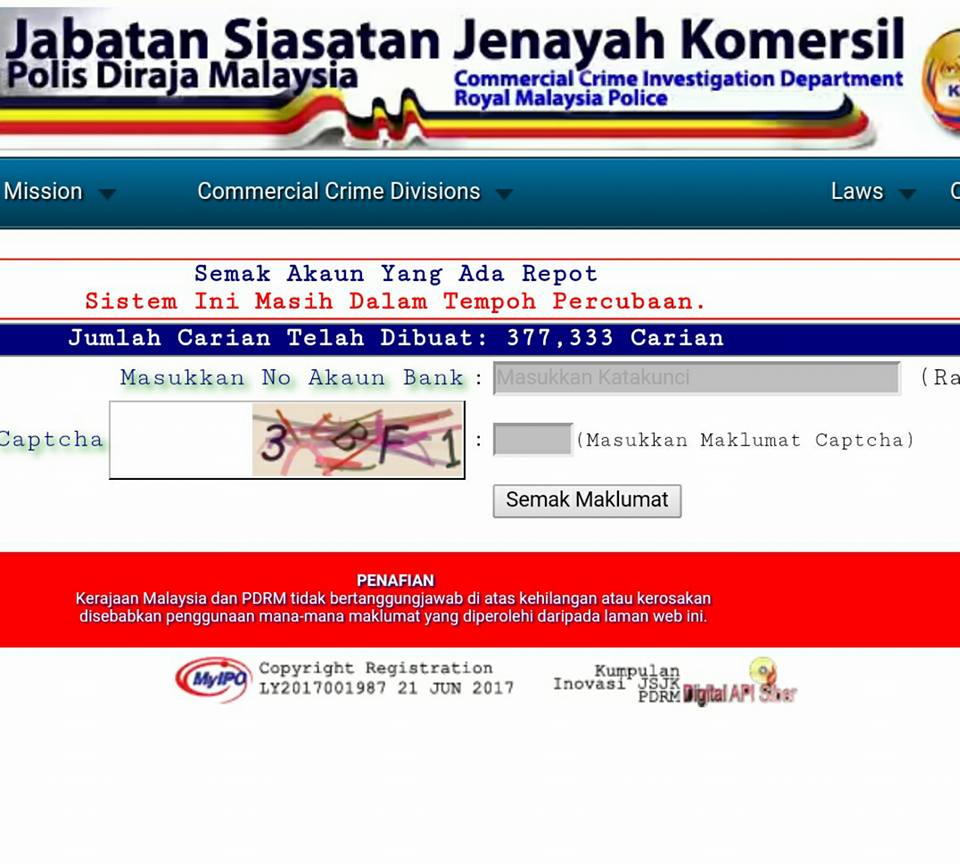 Paparan laman utama sistem semakan mule PDRM untuk menyemak nombor akaun scammer.