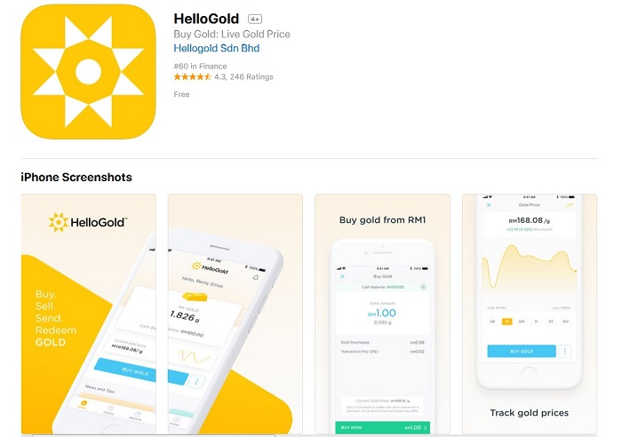 Logo dan aplikasi HelloGold untuk pelaburan emas patuh syariah.