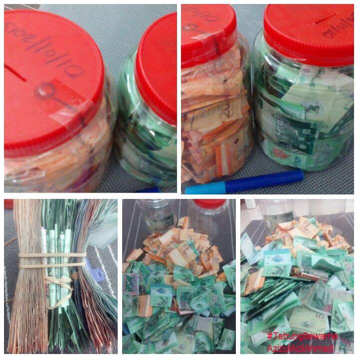 Bekas tabung lutsinar penuh dengan wang kertas warna-warni untuk simpanan.