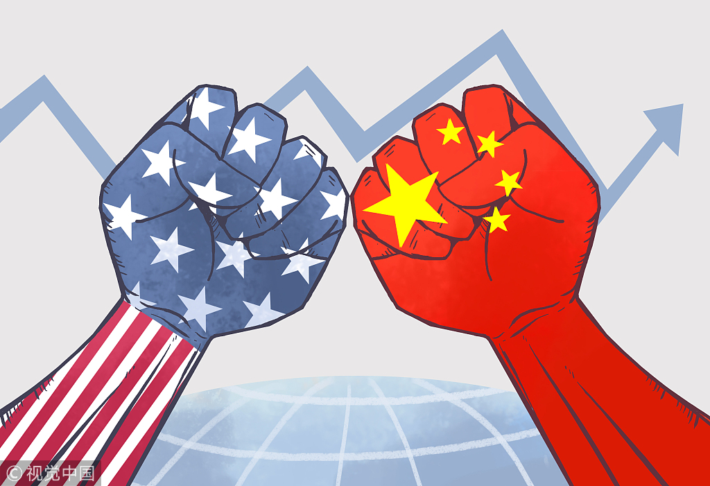 Imej simbolik perang dagang antara Amerika Syarikat dan China dengan latar belakang bendera kedua-dua negara.