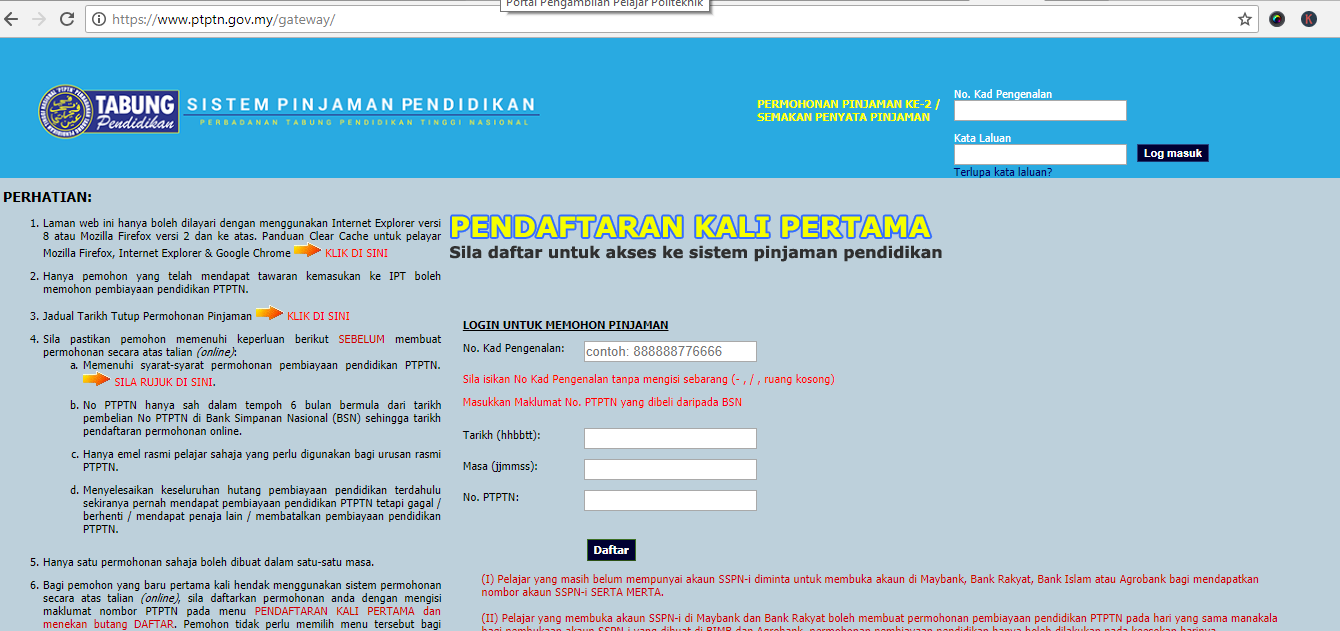 Halaman pendaftaran kali pertama PTPTN secara dalam talian
