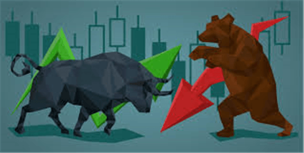 Ilustrasi perbandingan trend pasaran saham Lembu (menaik) dan Beruang (menurun)