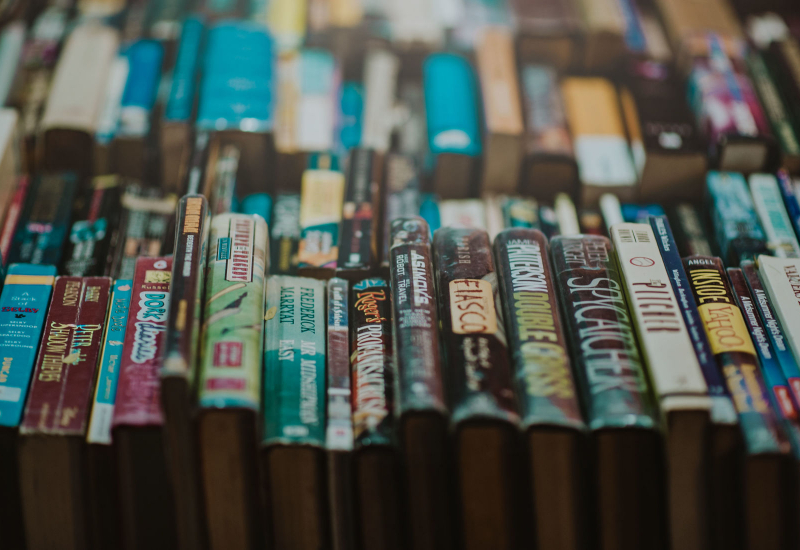 Gambar susunan buku-buku mengenai kewangan, pelaburan, dan ekonomi.