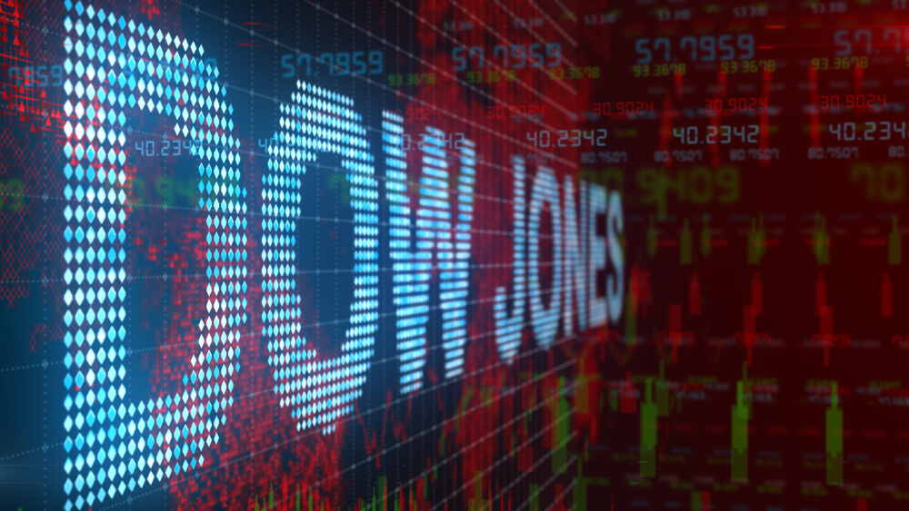 Graf pasaran saham menunjukkan pergerakan Indeks Perindustrian Dow Jones (DJIA).