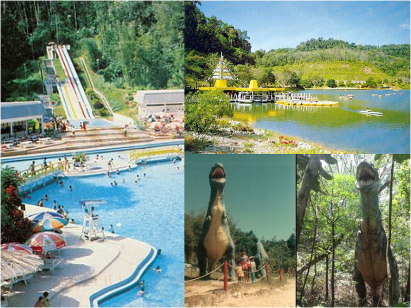 Kawasan taman tema Mimaland yang terbiar dengan restoran terapung berlumut di tasik.