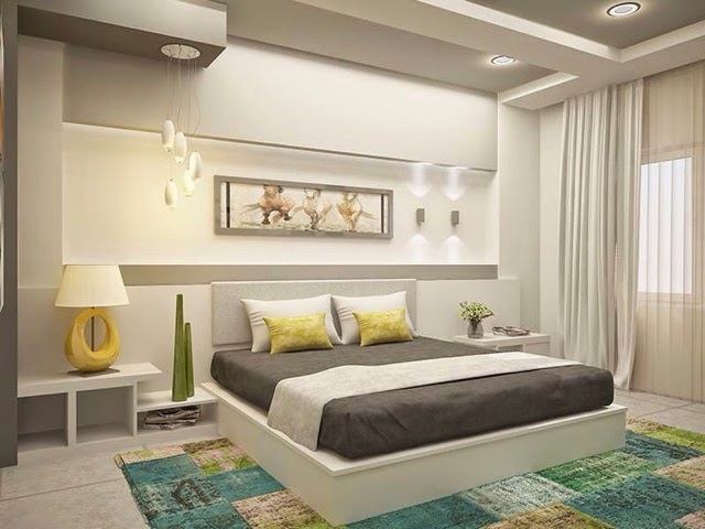 Hiasan dalaman bilik tidur moden dengan warna terang dan cantik.