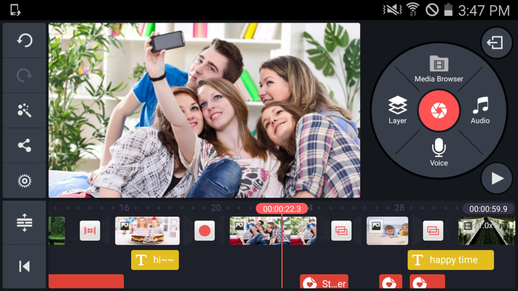 Antara muka aplikasi KineMaster untuk edit video di Android
