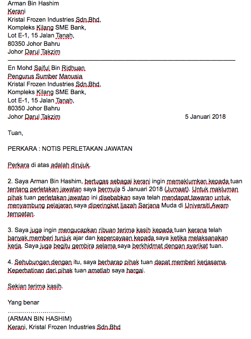 contoh surat perletakan jawatan