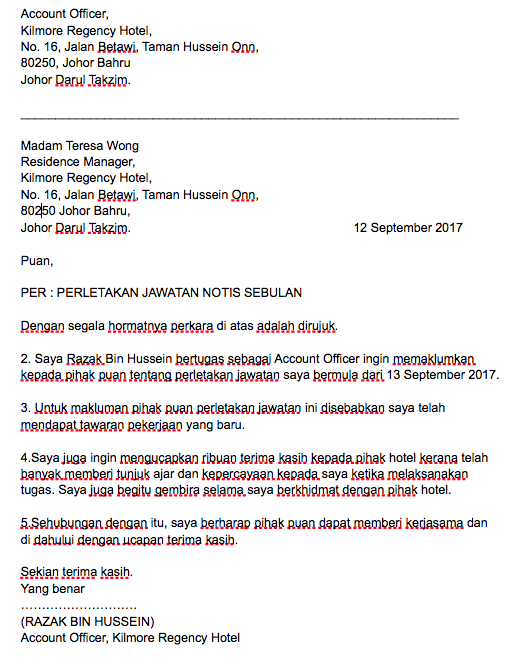 contoh surat perletakan jawatan