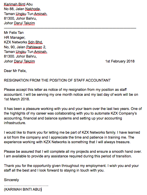 contoh surat letak jawatan