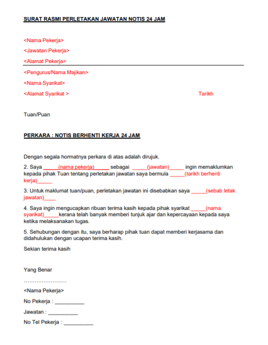 contoh notis berhenti kerja