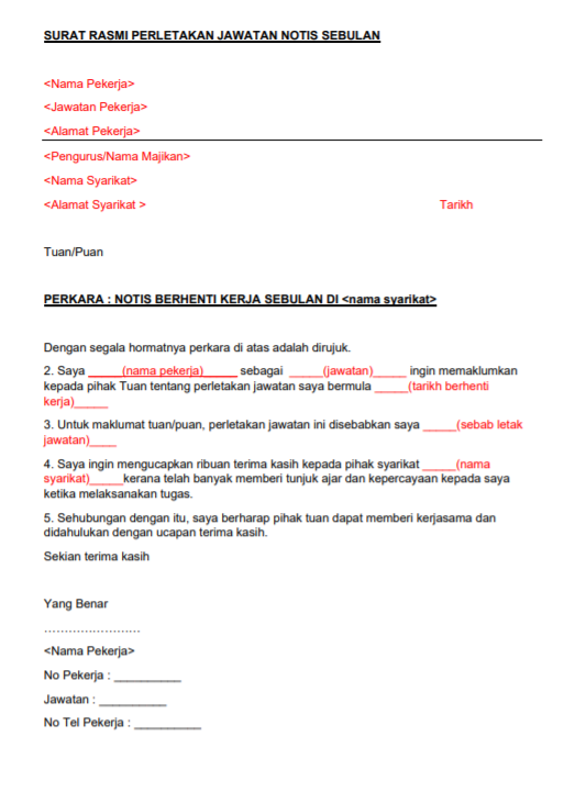 contoh notis berhenti kerja