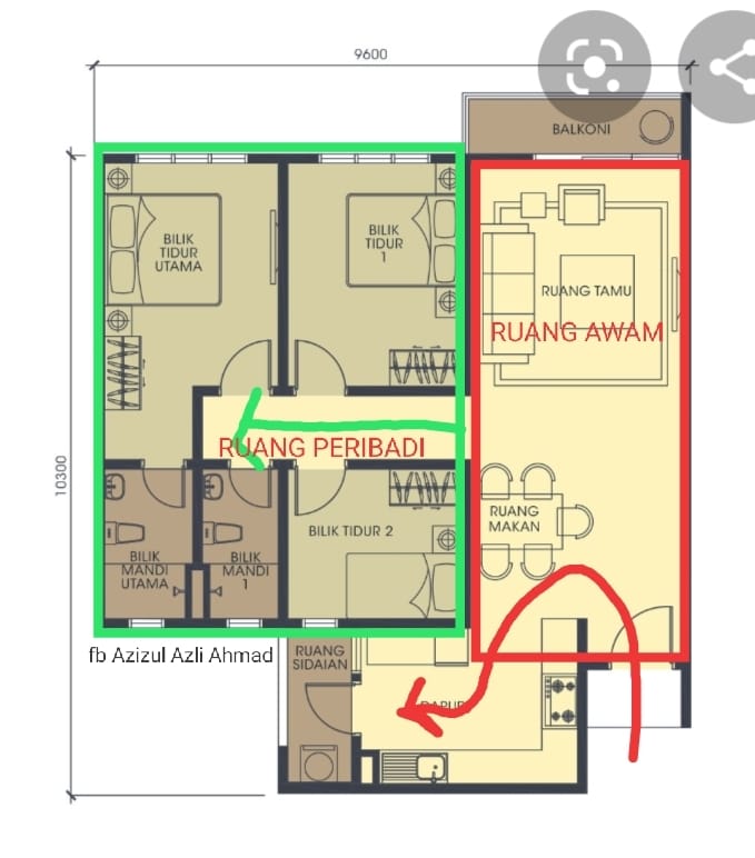 Imej pelan susun atur rumah apartment menunjukkan ruang dapur, bilik tidur, dan balcony.