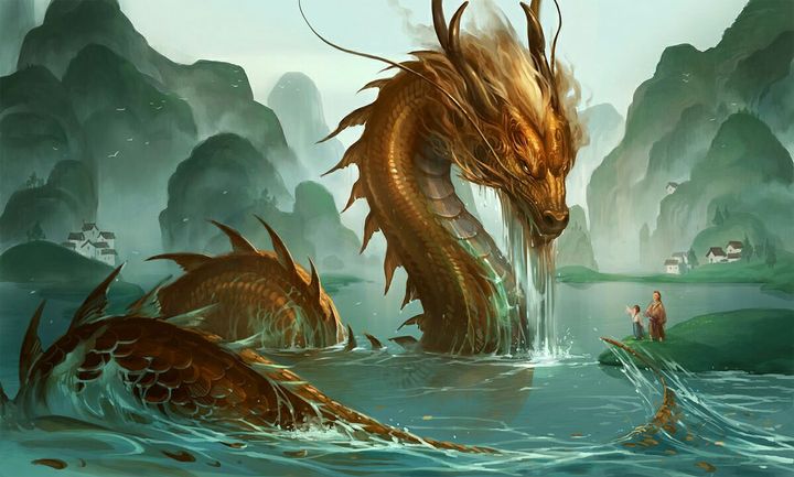 Ilustrasi naga Tasik Chini keluar dari tasik