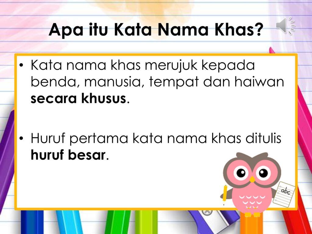 Ilustrasi konsep kata nama khas dengan huruf besar dan beberapa contoh perkataan